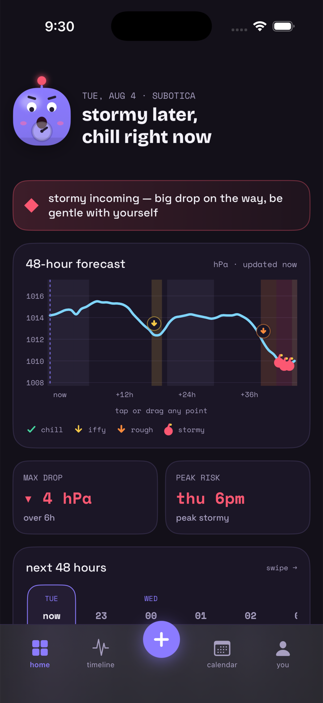baro dashboard: the mascot says 'stormy later, chill right now', above a 48-hour pressure chart with the risky stretch highlighted and stats for max drop and peak risk time